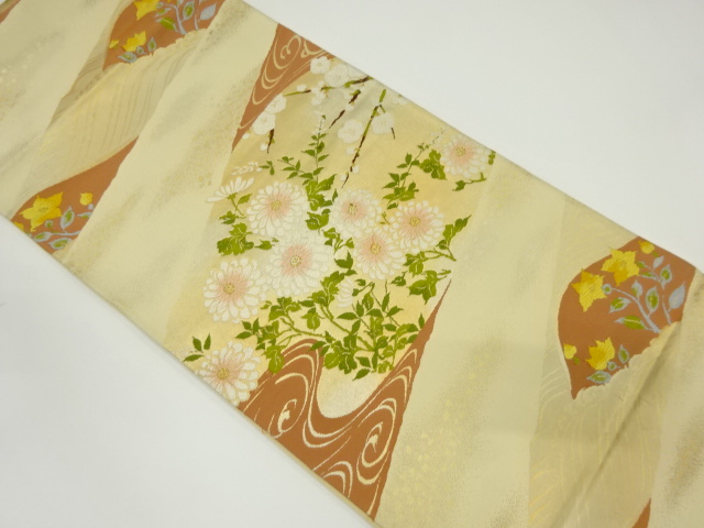 リサイクル　流水に枝梅・菊模様織り出し袋帯